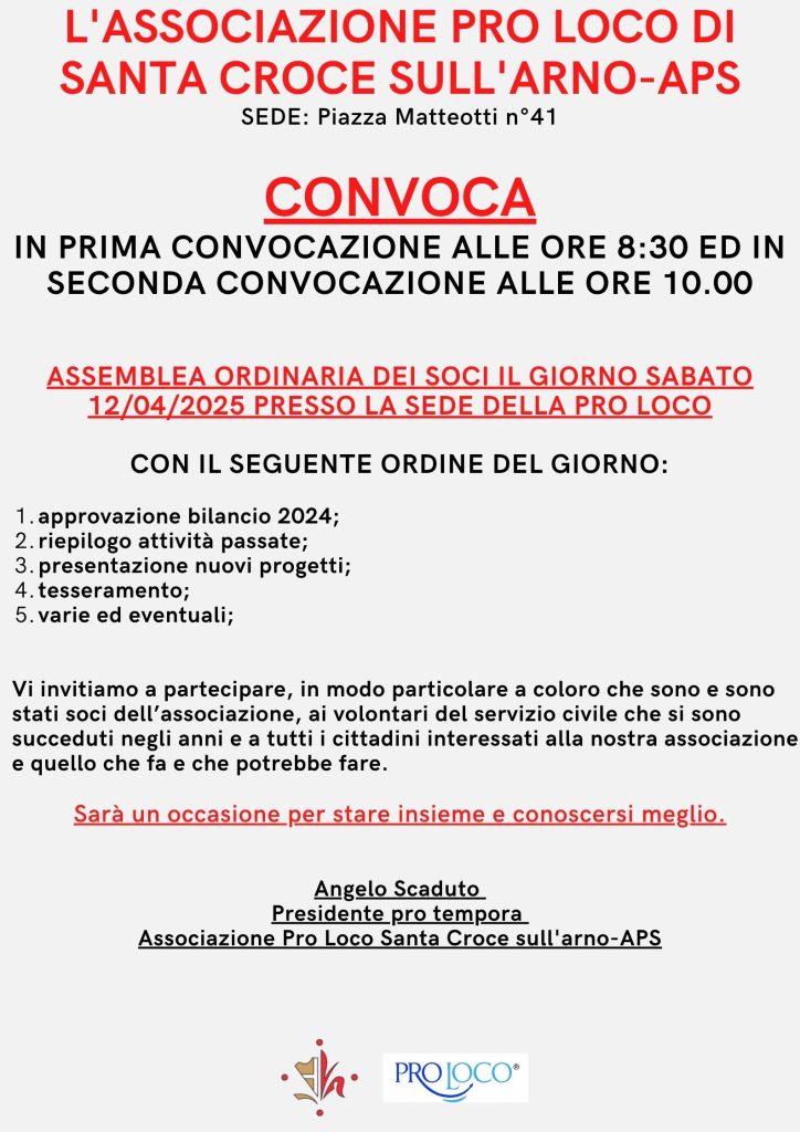 Assemblea della Pro Loco Santa Croce sull’Arno per l'approvazione del bilancio