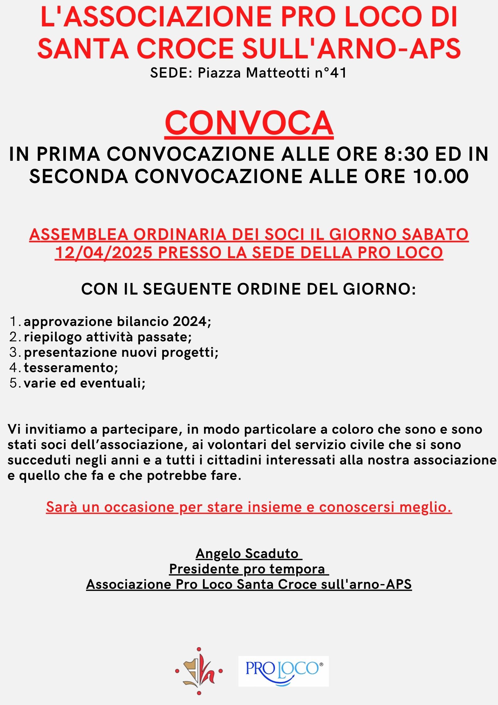 Assemblea della Pro Loco Santa Croce sull’Arno per l'approvazione del bilancio
