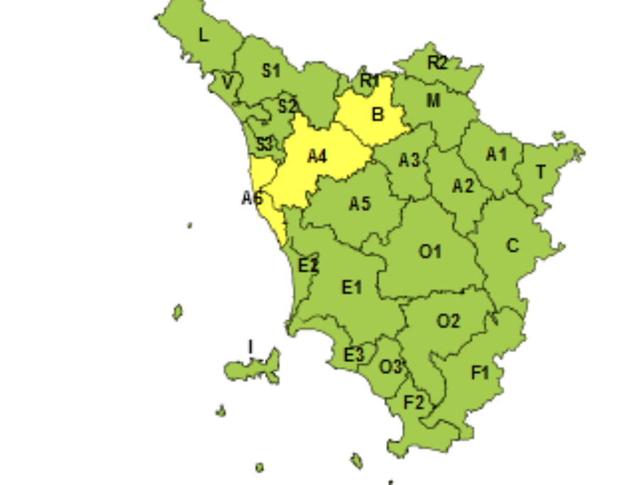 Toscana: codice giallo solo per Valdarno Inferiore e Bisenzio-Ombrone Pistoiese