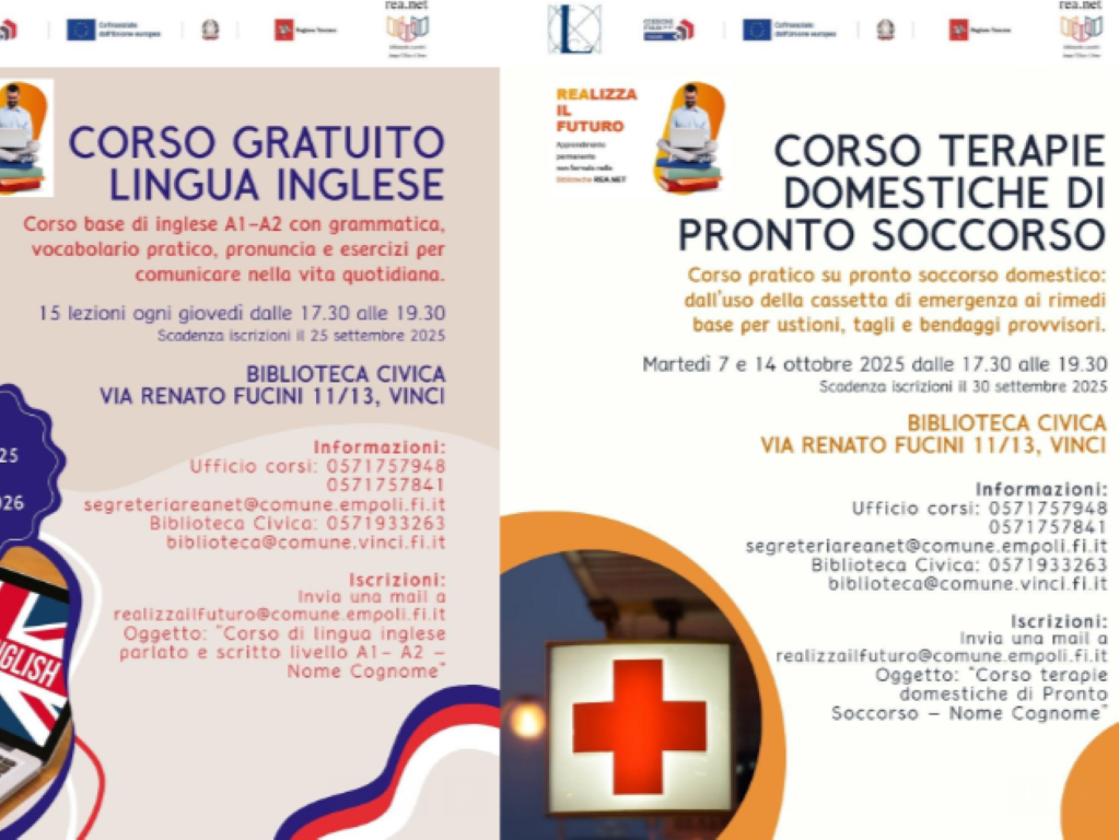 Due nuovi corsi gratuiti a Vinci con REA.net: inglese base e pronto soccorso domestico