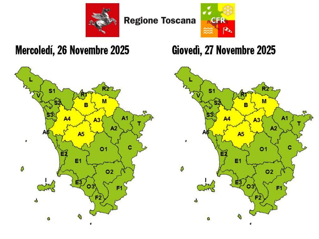 Allerta gialla per forte vento nella Toscana centrale: raffiche fino a 60-80 km/h