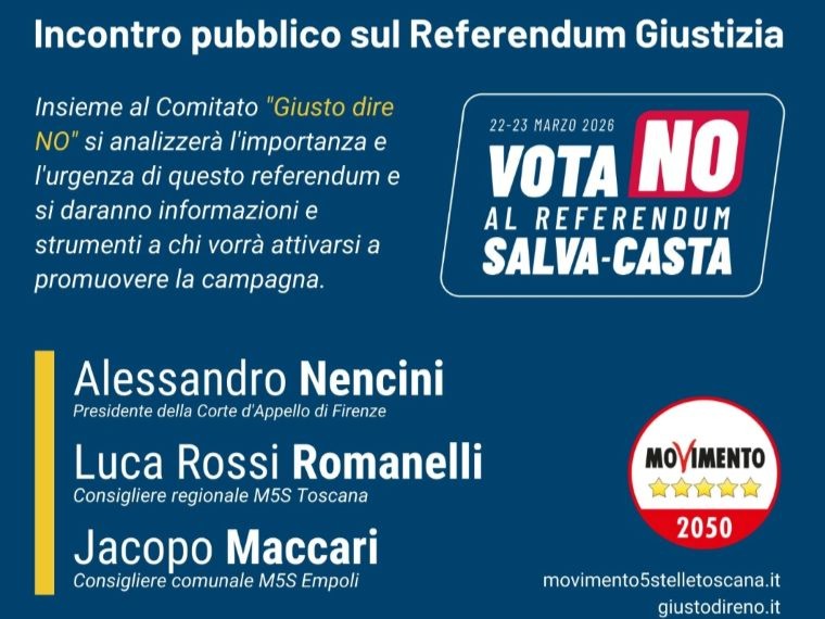 Referendum Giustizia: incontro pubblico ad Empoli con M5S e 'Giusto dire NO'