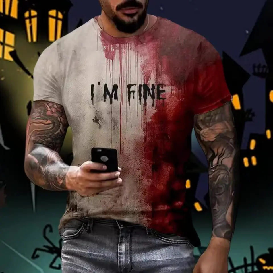 Camicie Corte da Uomo YOUTHUP, T-shirt Nera con Stampa 3D di Sangue, Nuova Collezione.