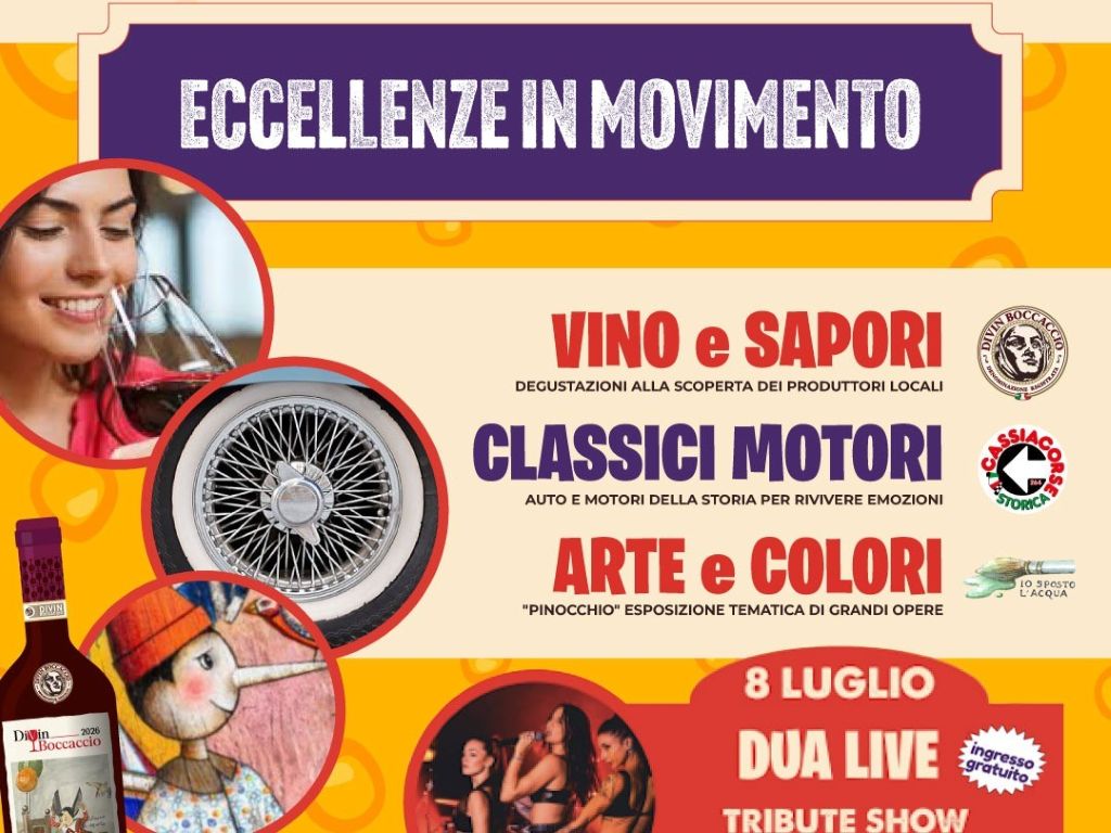 "Eccellenze in Movimento": una serata a Certaldo tra enogastronomia locale, auto d'epoca e intrattenimento.