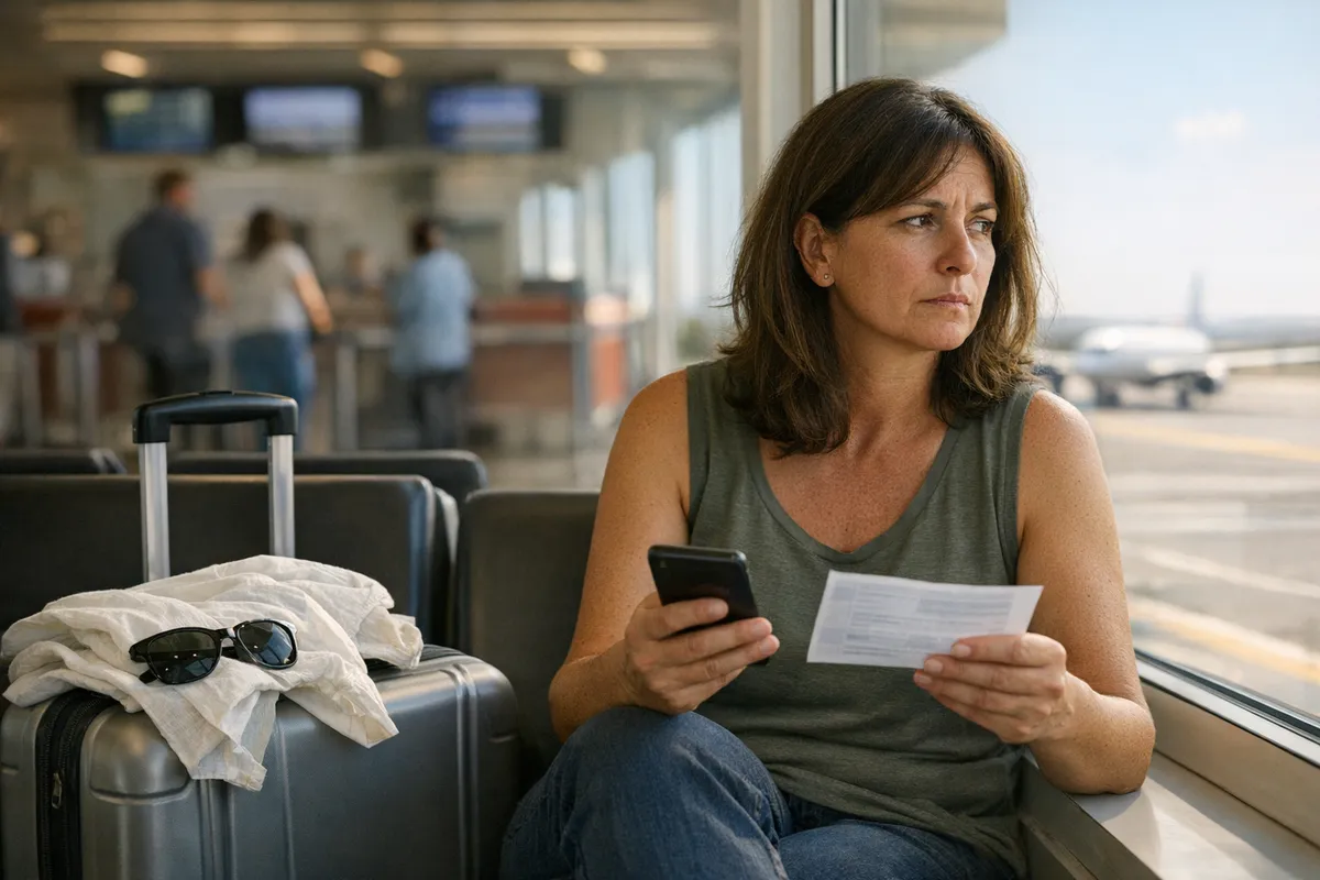 Viaggiatrice in aeroporto con smartphone e documenti, seduta vicino alla vetrata con valigia e occhiali da sole
